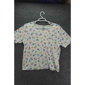 Classic Elements T Shirt Womens XL White Floral Short Sleeve Shoulder Pads
